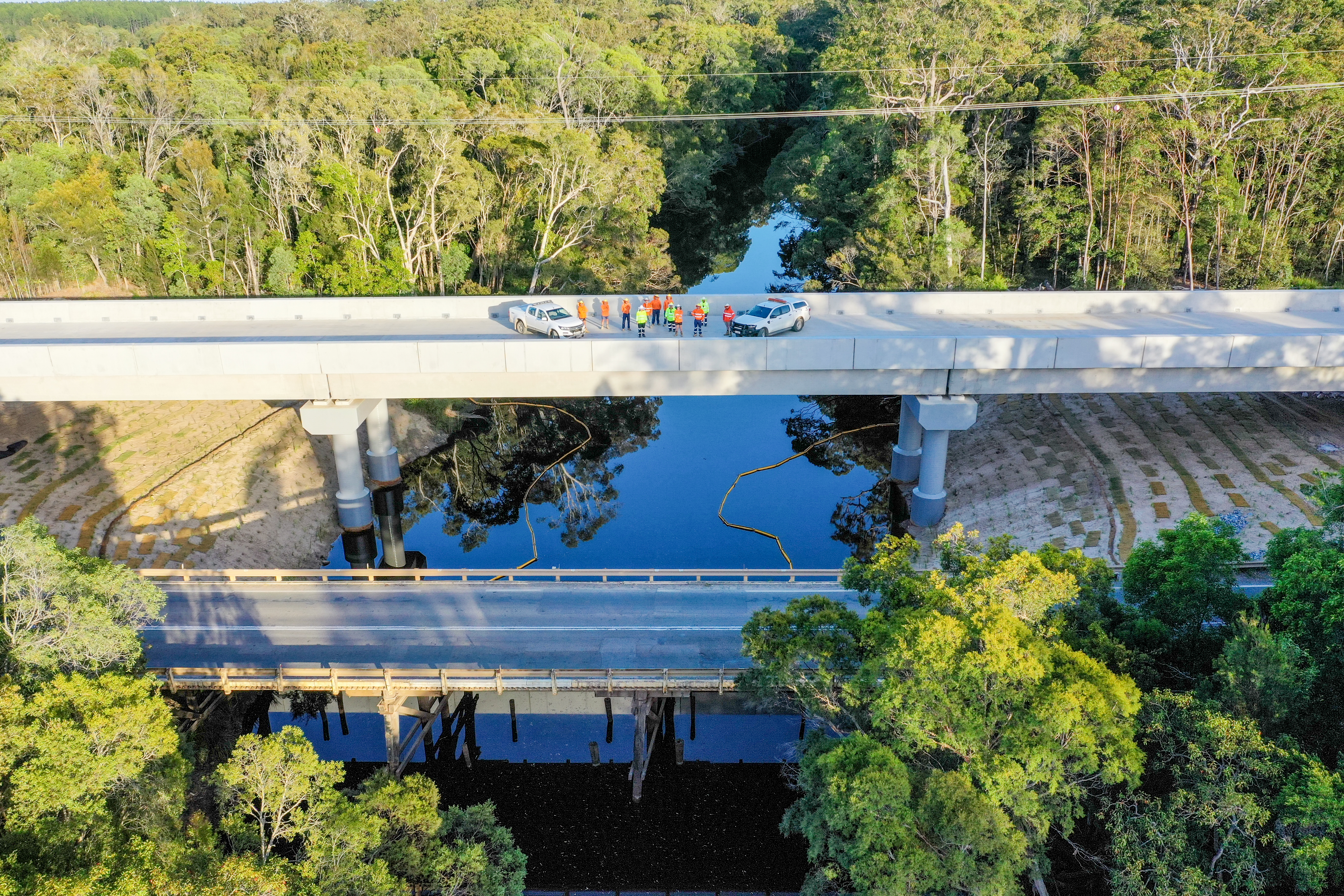 Aerial of bridge that crosses a river